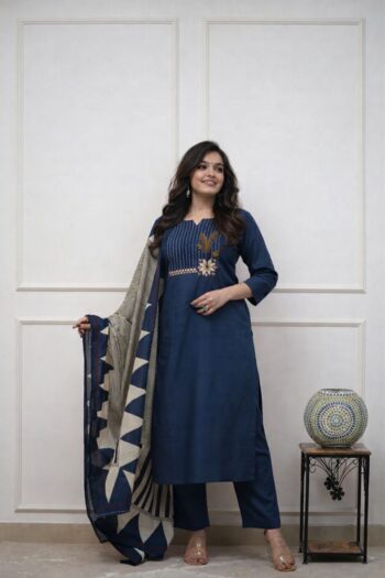 Women's Embroidered Cotton Kurta Pant Set with Printed Dupatta