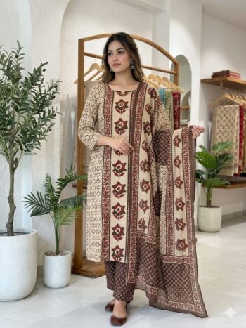 Women's Premium Cotton Handwork Kurta Pant Dupatta Set