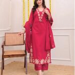 Women's Embroidered Cotton Straight Kurta Pant Dupatta Set