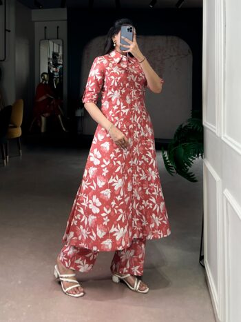 Women's Coral Bloom Floral Print Co-Ord Set in P.V. Chanderi