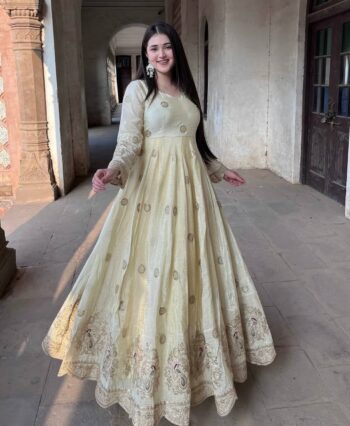 Women's Designer Chinon Silk Anarkali Gown with Embroidered Dupatta