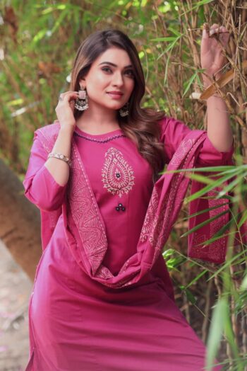 Women's Pure Cotton A-Line Kurta Pant Set with Hand Block Print Dupatta