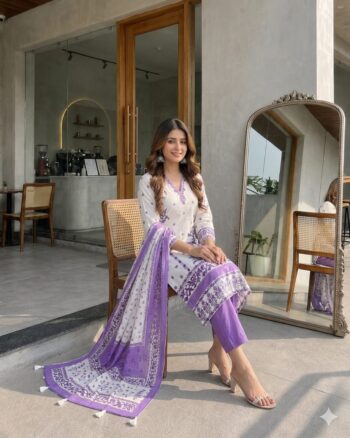 Women's Premium Berry Silk Floral Suit Set with Dupatta & Pearl Bracelet