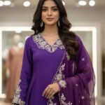 Women's Embroidered Roman Silk Kurta Pant Set with Organza Dupatta
