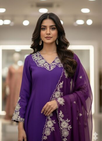 Women's Embroidered Roman Silk Kurta Pant Set with Organza Dupatta