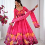 Women's Organza Taby Silk Printed Gown Set with Dupatta & Pant